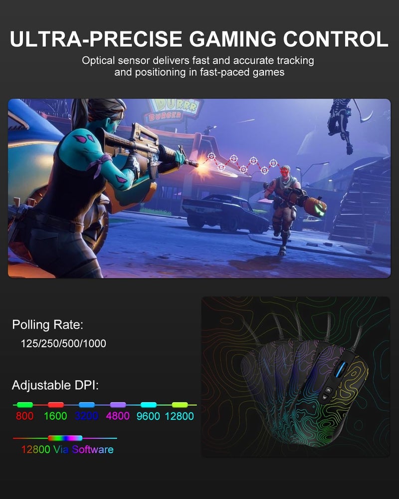 COSTOM Womier G706 USB Wired Gaming Mouse for PC Computer Windows Mac Laptop, Lightweight Silent RGB Backlit Mouse with Adjustable 12000DPI/7 Programmable Side Buttons,Kanagawa Theme (Black Topographic) - Image 2